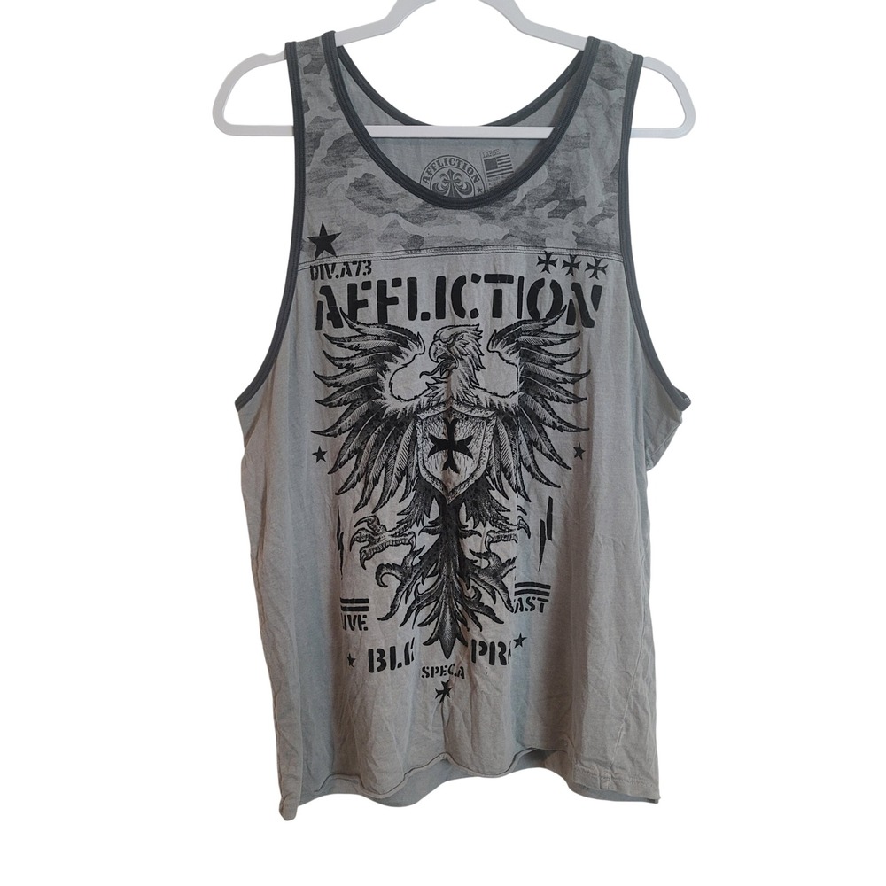 Affliction Mens Tank Top Large Grey Eagle Graphic Camo Live Fast Distressed Y2K